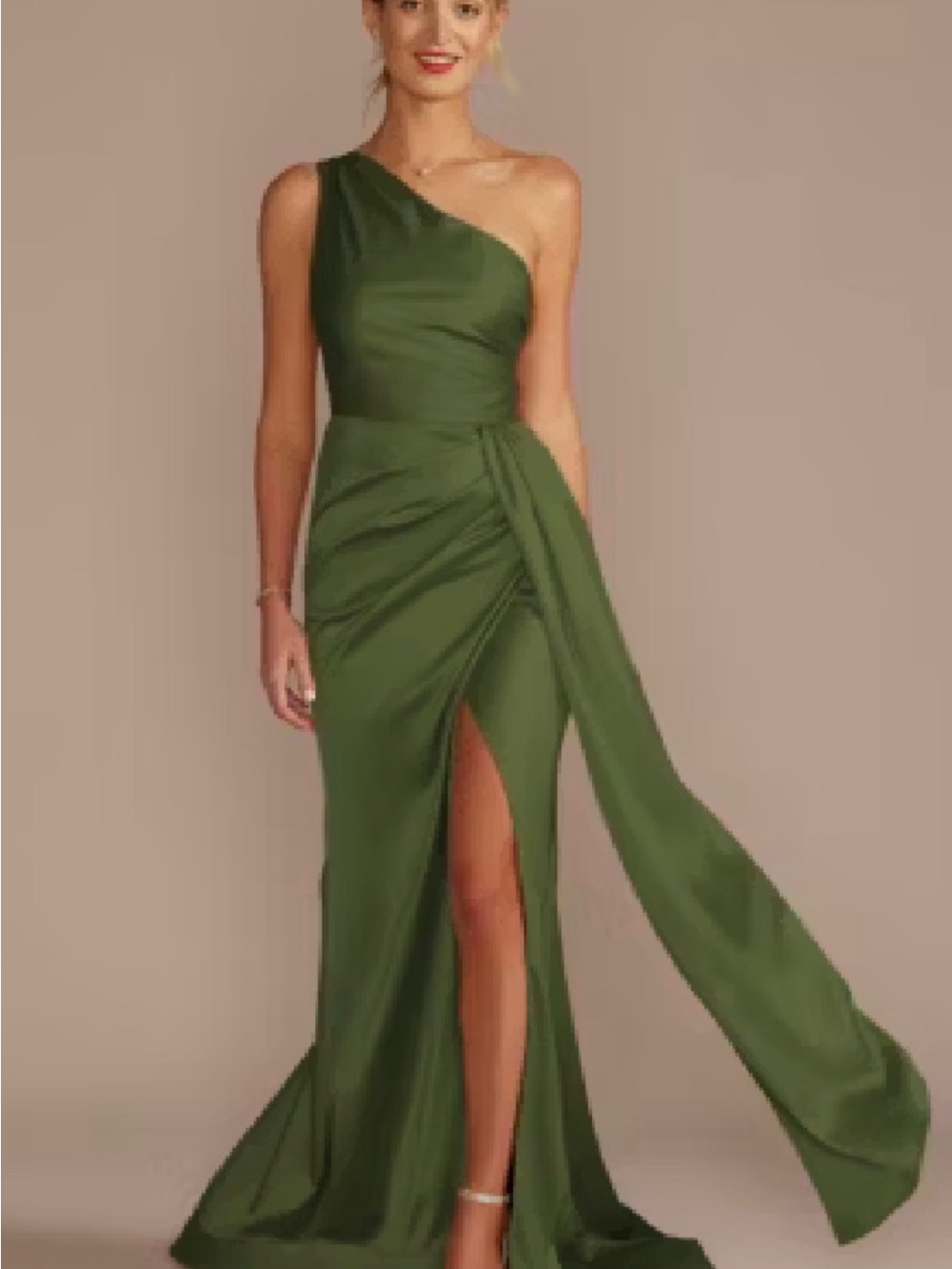 One-Shoulder Olive Green Evening Gown with Side Drape